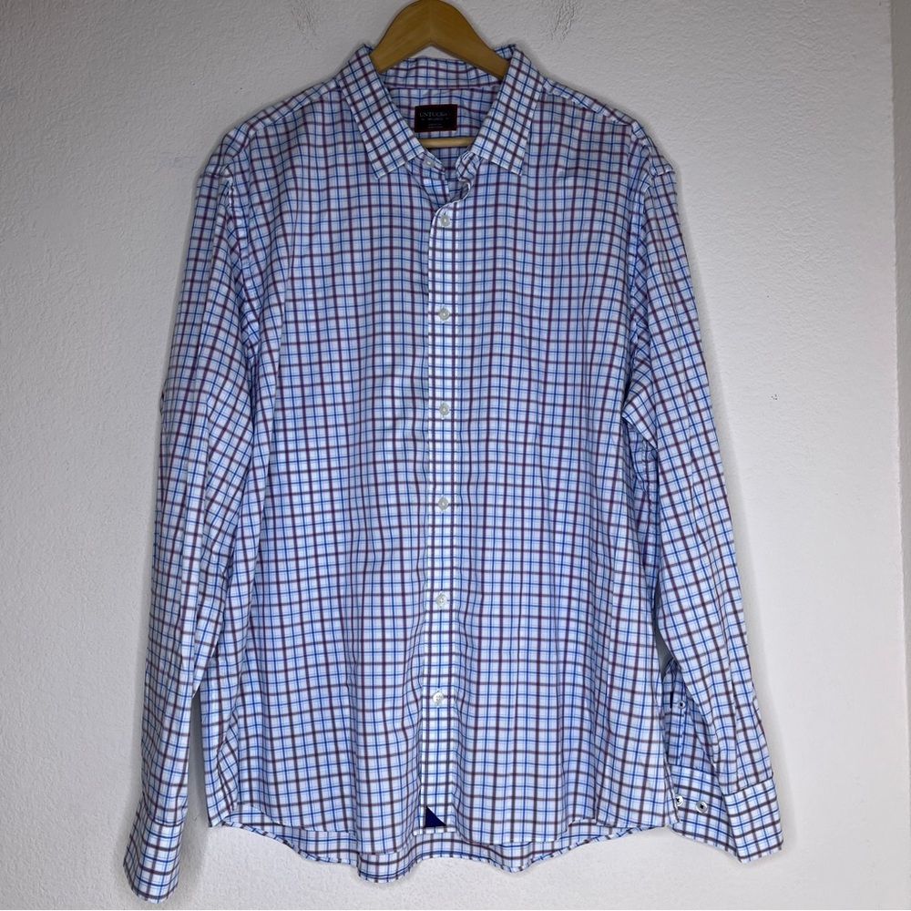 Untuckit Adams Red White Blue Plaid Long‎ Sleeve Pin Button Up Shirt XXL Reg Fit